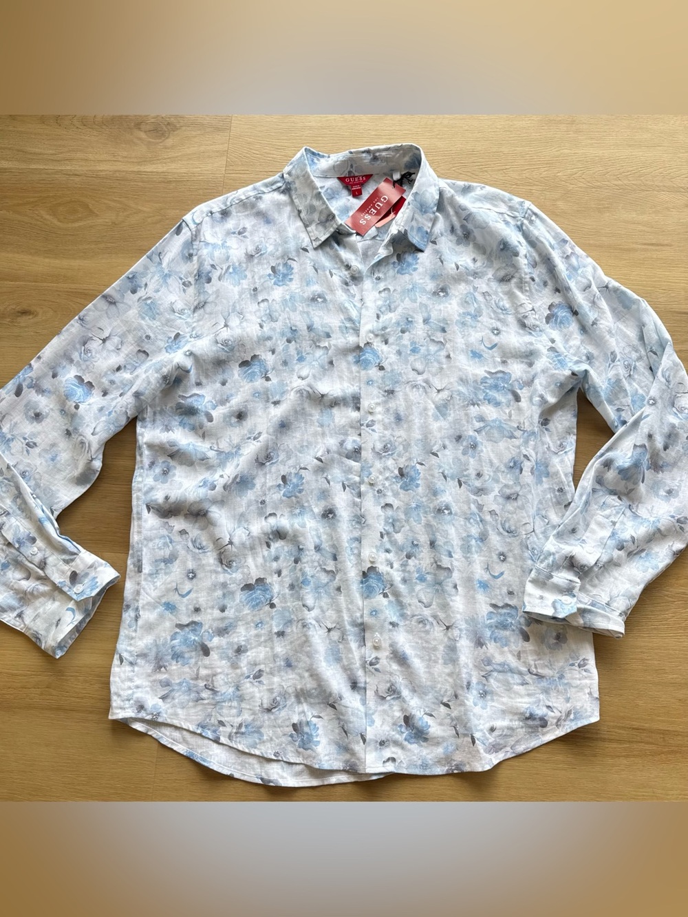 Guess Button-Down Shirt large white Light Blue Floral Print linen cotton NWT